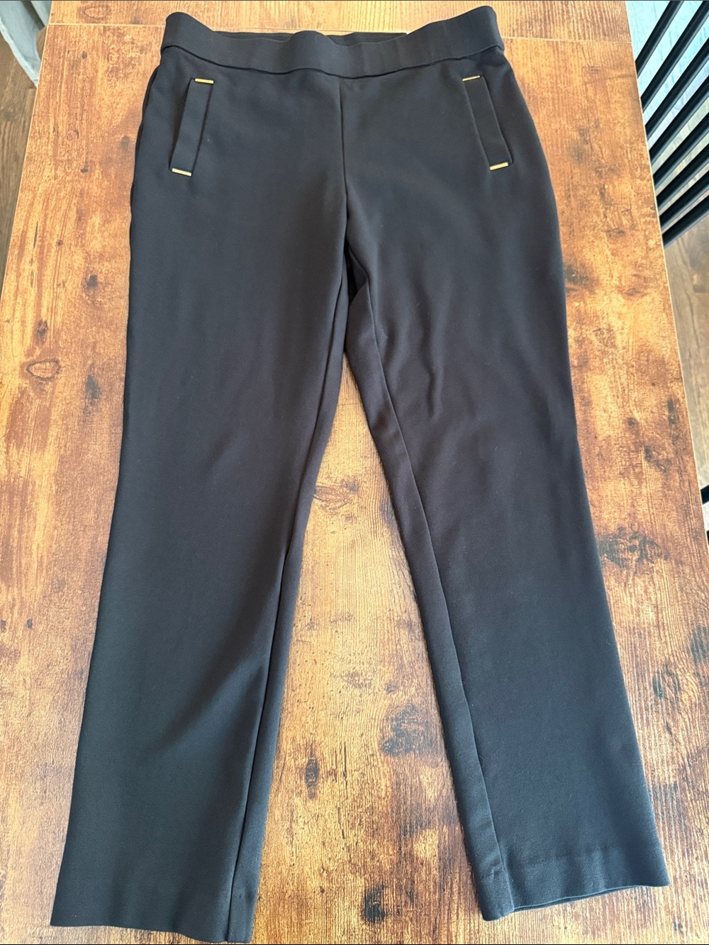 Anne Klein Black Slim Straight Pants with Gold Accent